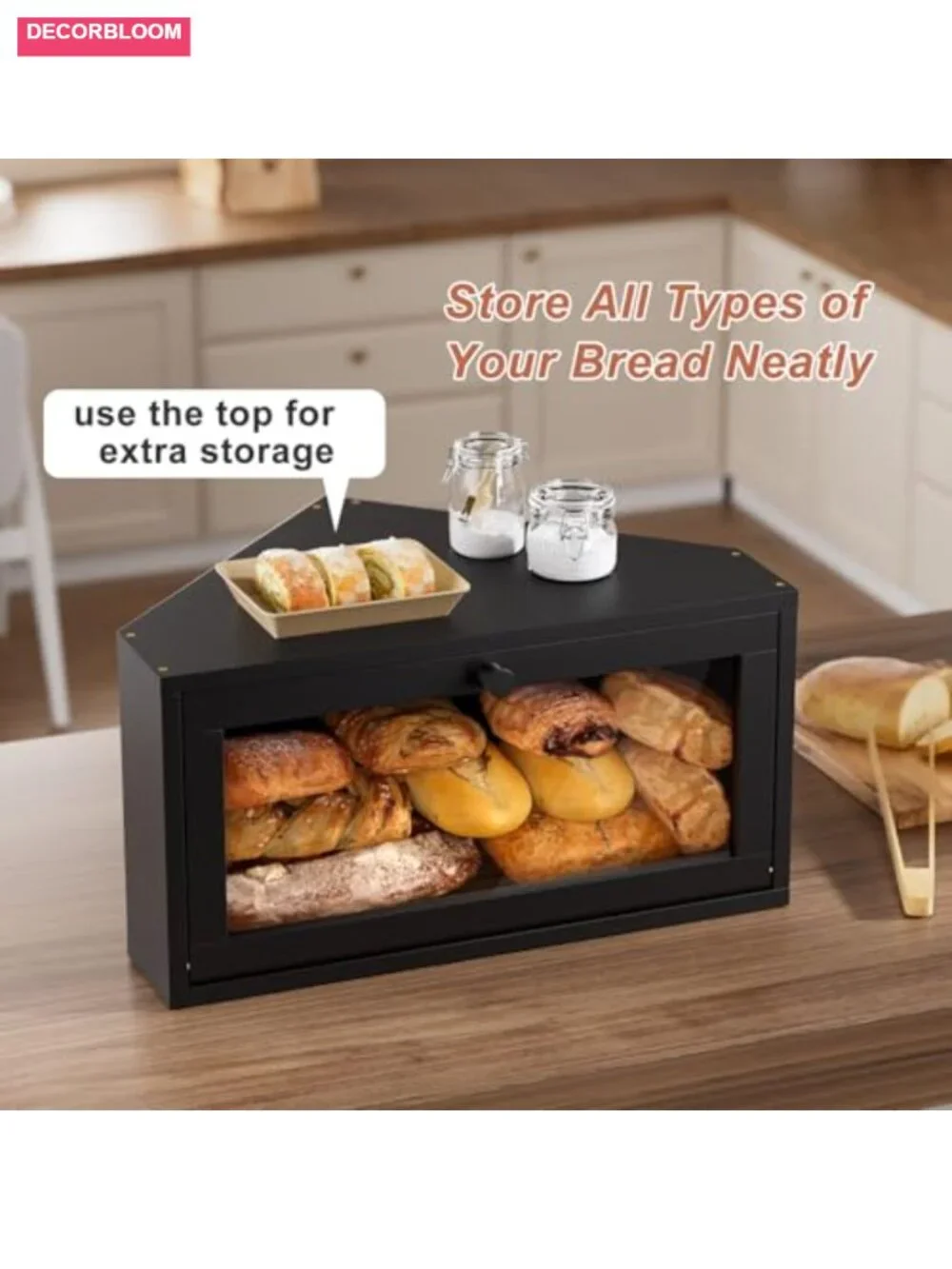 Corner Bamboo Bread Box Kitchen Countertop Storage Airtight Magnetic